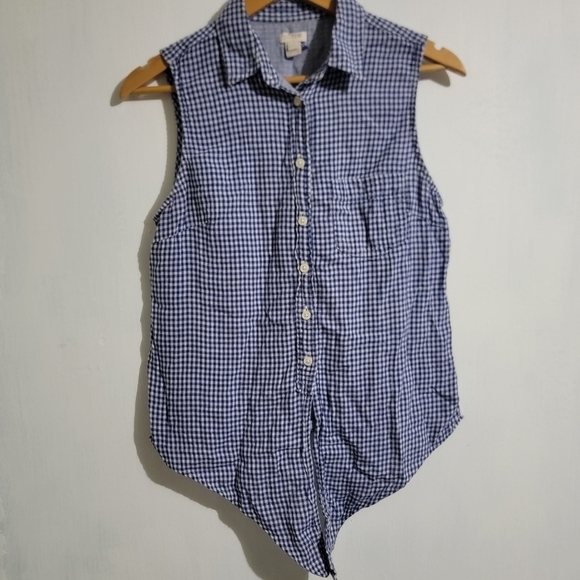 J. Crew Factory Blue Gingham Print Button Down Western Tie Front Sleeveless Top - Picture 1 of 6